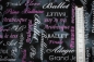 Preview: Designer-Baumwollstoff Pearl Ballet Words Pink/Black (10 cm)