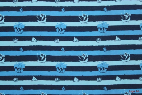 Preview: Stretch Jersey Segelschiffe blau (10 cm)