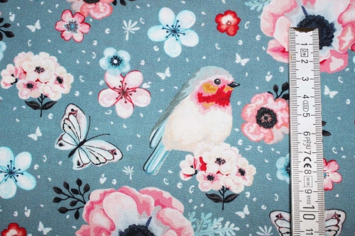 Preview: Baumwollstoff Rotkehlchen grau (10 cm)