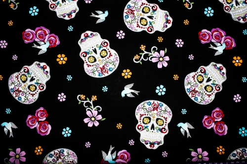 Preview: Designerbaumwollstoff Romantic Sculls schwarz (10 cm)