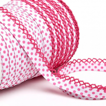 Schrägband Häkelborte weiß mit rosa Punkten (1 m)