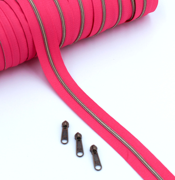 Preview: Endlosreißverschluss metallisiert schmal pink/messing-antik (1m)