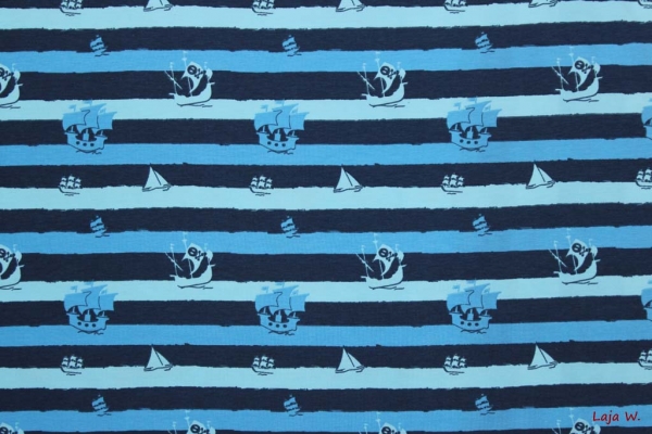 Stretch Jersey Segelschiffe blau (10 cm)
