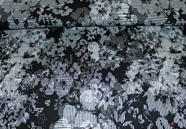 Viskose-Jersey Blumengrafik schwarz/weiß (10 cm)
