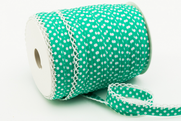Schrägband Häkelborte mintgrün mit weißen Punkten (1 m)