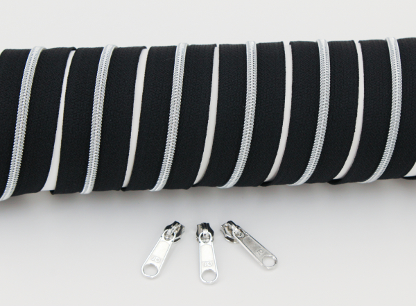 Endlosreißverschluss metallisiert schmal schwarz/silber (1m)