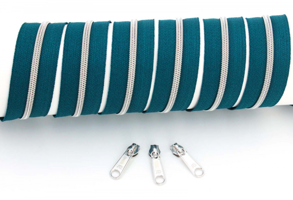 Endlosreißverschluss metallisiert schmal dunkelpetrol/silber (1m)