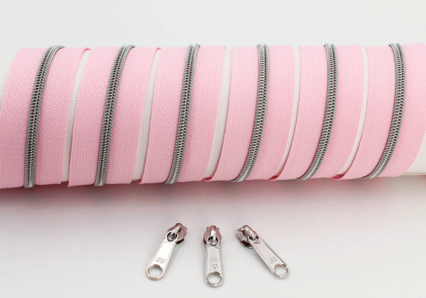 Endlosreißverschluss metallisiert schmal hellrosa/silber (1m)