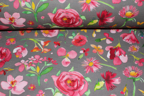 Canvas/Dekostoff Aquarellblumen grau  (10 cm)