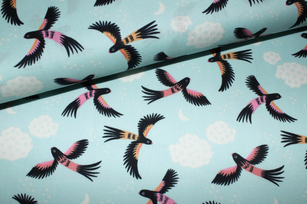 Designer- Baumwollstoff Parrot Play hellblau (10 cm)