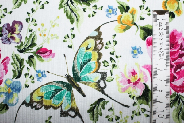 Jersey Blumen und Schmetterlinge weiß (10 cm)