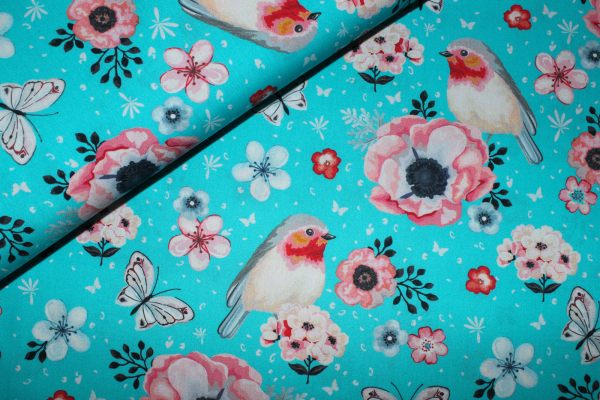 Baumwollstoff Rotkehlchen türkis (10 cm)