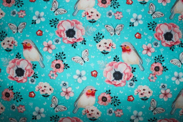 Baumwollstoff Rotkehlchen türkis (10 cm)