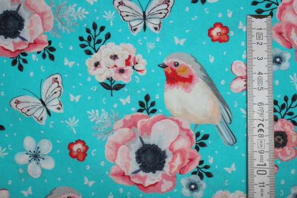 Baumwollstoff Rotkehlchen türkis (10 cm)