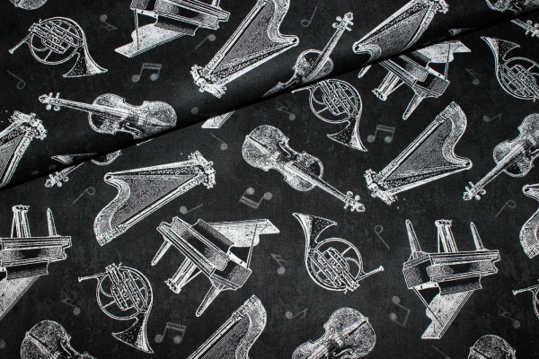 Designerbaumwolle Instrumente-Vintage Style schwarz (10 cm)