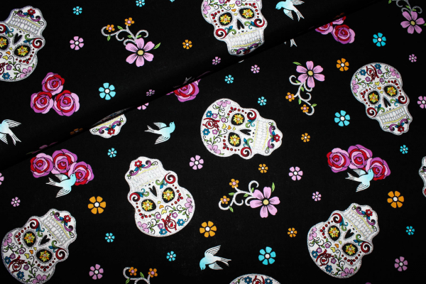 Designerbaumwollstoff Romantic Sculls schwarz (10 cm)