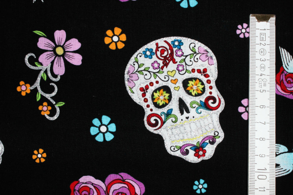 Designerbaumwollstoff Romantic Sculls schwarz (10 cm)